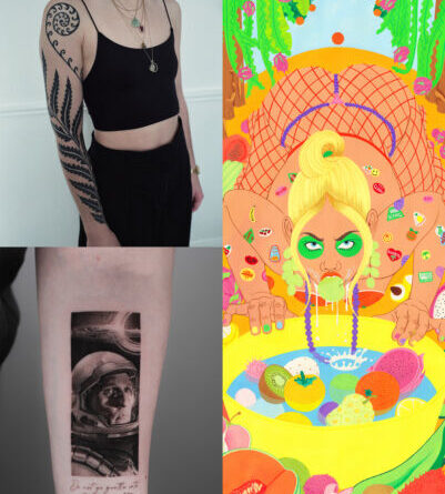 Top Left: Agne Hurt, original design; image courtesy of the artist; Bottom Left: Jake Berry, original design; image courtesy of the artist; Right: Laura Callaghan, Fruit [detail view], giclée print on 285gsm cotton rag; image courtesy of the artist and Hen's Teeth.⁠