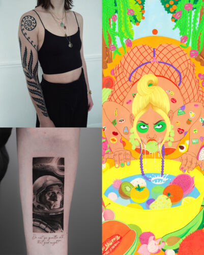 Top Left: Agne Hurt, original design; image courtesy of the artist; Bottom Left: Jake Berry, original design; image courtesy of the artist; Right: Laura Callaghan, Fruit [detail view], giclée print on 285gsm cotton rag; image courtesy of the artist and Hen's Teeth.⁠