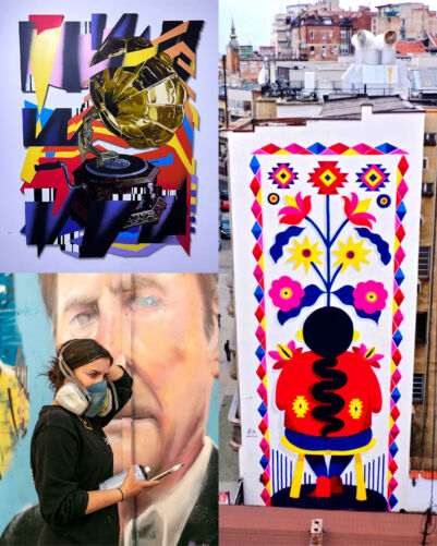 Top Left: Omin, ‘Waxing Lyrical’, 2023, oil, acrylic, spray-paint on birch panel; photograph by Omin, image courtesy of the artist and Basement Gallery, An Taín Arts Center; Bottom Left: Caoilfhionn Hanton, 'I didn't float up the Lagan in a bubble' WIP, 2020, Spraypaint; photograph by Ian Humes courtesy the artist and Hit the North festival with Seedhead Arts, Belfast; Right: Holly Pereira, ‘Belgrade Perot Kilim’, Belgrade Irish Festival, 2022; photograph by @vatovec image courtesy of the artist.
