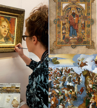 [Image 1] Left: Muirne Lydon, Installing Sarah Purser Show; image courtesy and copyright of the National Gallery of Ireland; Top Right: The Book of Kells, The portrait of Christ (folio 32v located opposite the Eight circle cross); image courtesy and copyright of The Board of Trinity College Dublin; Bottom Right: Ludovico Mazzolino, The Crossing of the Red Sea, 1521, oil on wood panel; image courtesy of the National Gallery of Ireland, NGI.666, National Gallery of Ireland Collection, Creative Commons License.