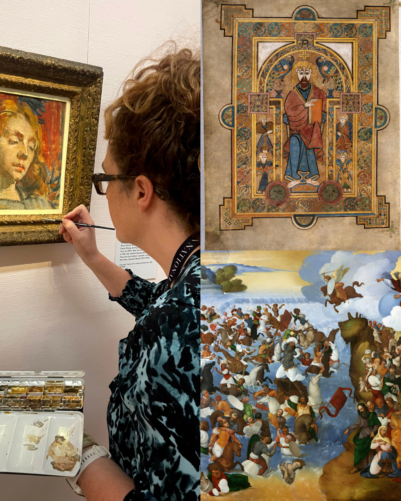 [Image 1] Left: Muirne Lydon, Installing Sarah Purser Show; image courtesy and copyright of the National Gallery of Ireland; Top Right: The Book of Kells, The portrait of Christ (folio 32v located opposite the Eight circle cross); image courtesy and copyright of The Board of Trinity College Dublin; Bottom Right: Ludovico Mazzolino, The Crossing of the Red Sea, 1521, oil on wood panel; image courtesy of the National Gallery of Ireland, NGI.666, National Gallery of Ireland Collection, Creative Commons License.