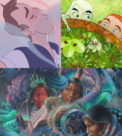 Top Left: Elk Studios, The Last Set, 2023, image still; image courtesy of Elk Studios; Top Right: Cartoon Saloon, The Secret of Kells, 2009, image still; image courtesy of Cartoon Saloon; Bottom: Waylon Gary White Deer, Clan Spirits, detail view; image courtesy of the artist.