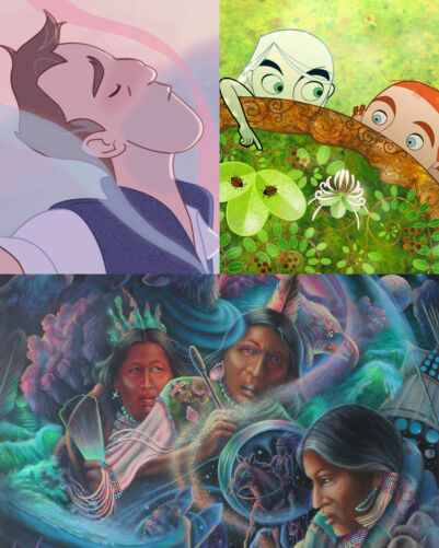 Top Left: Elk Studios, The Last Set, 2023, image still; image courtesy of Elk Studios; Top Right: Cartoon Saloon, The Secret of Kells, 2009, image still; image courtesy of Cartoon Saloon; Bottom: Waylon Gary White Deer, Clan Spirits, detail view; image courtesy of the artist.